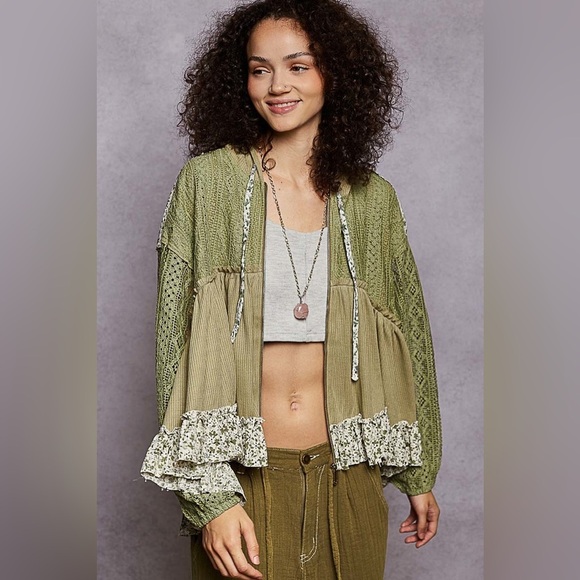 POL Jackets & Blazers - ⚡️ POL “ Basil Meadow “ Ruffle Knit Zip Up | Dried Basil